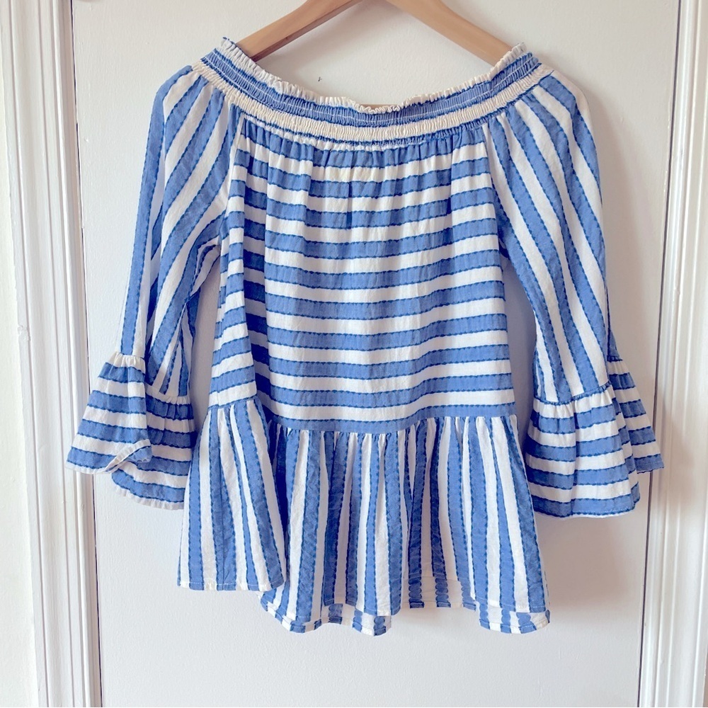 Anthropologie Maeve Seersucker Striped Off-shoulder Peplum blouse Cotton S - Picture 4 of 6